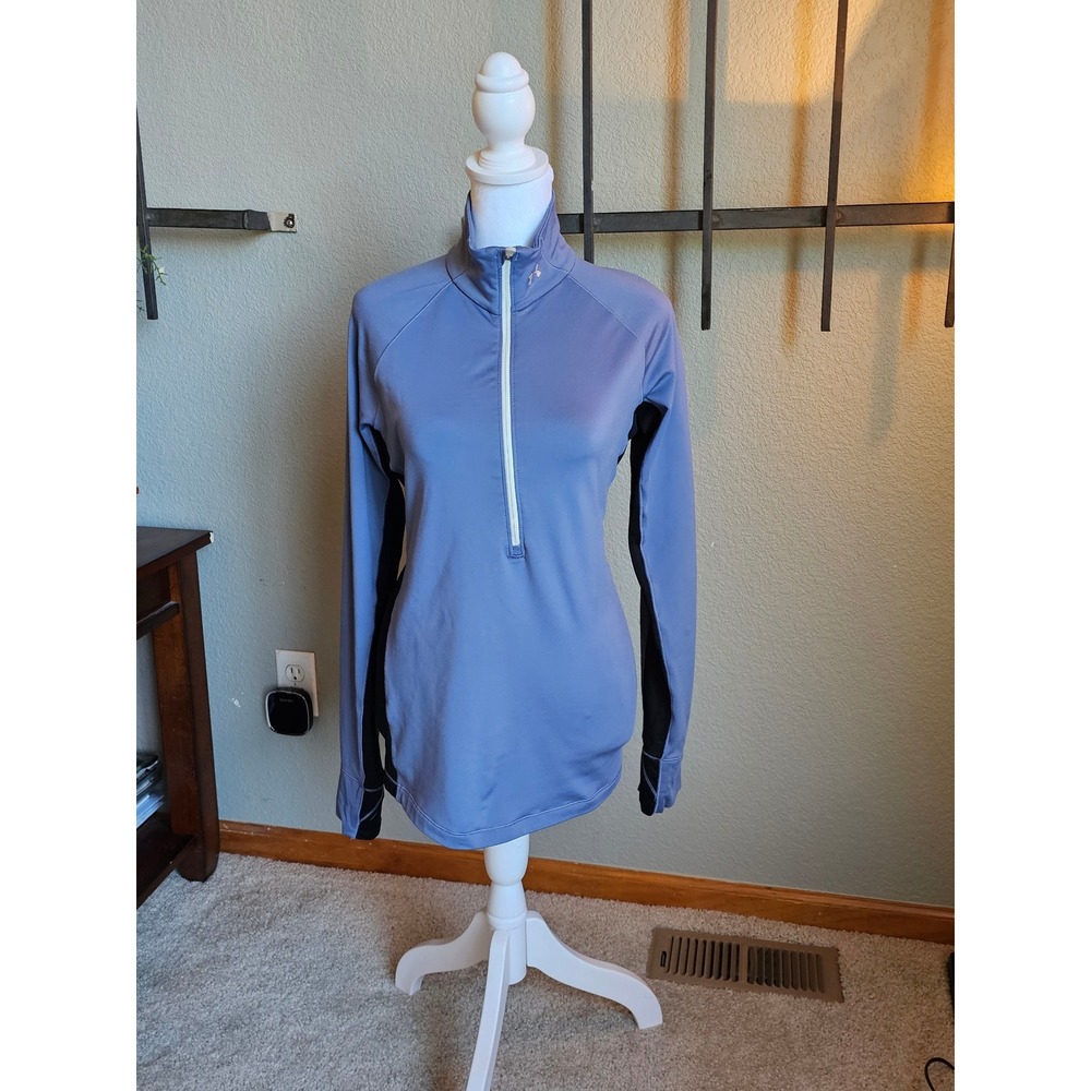 Under Armour Women's Fitted Half Zip Running Top Blue Black Thumbholes Small